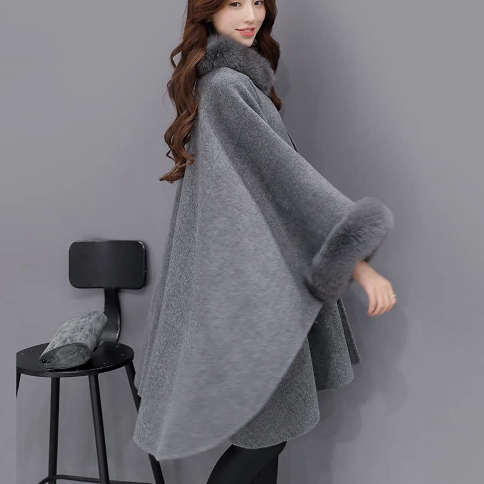 Fleece Women Keep Warm Jacket Kpop Elegant Long Sleee Outwear Fuzzy Collar Cardigan Cloak Bomber Cardigan Female Grey Jackets