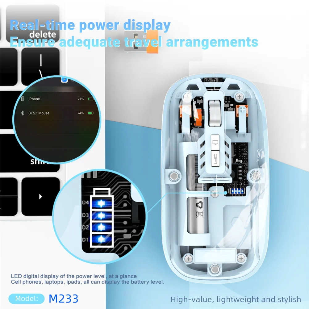 USB 리시버 내장 무선 컴퓨터 마우스, 충전식 데스크탑 마우스, 500mAh 리튬 배터리, 1600DPI, M233