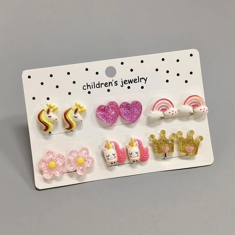 Aretes Sin Perforación Princesa Aleación 6 Pares 6 Pares De Pendientes De Clip Para Niñas | Sin Perforación | Diseños De Princesa Y Corazón Material Aleación Hipoalergénico