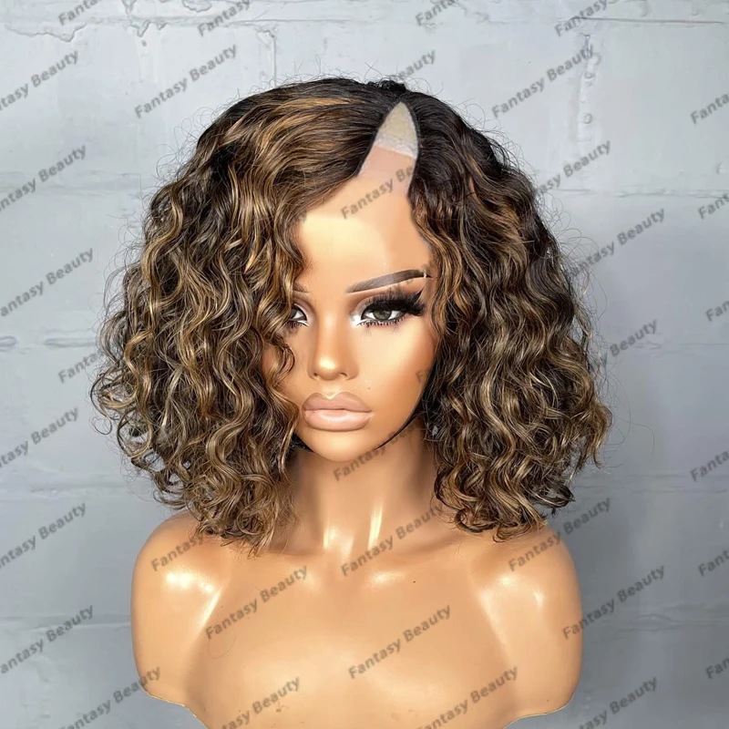 

Glueless 180Density Short Bob Highlight Brown Blonde Deep Wave Remy Human Hair Half Wigs Full Machine Made 1x4 Middle V Part Wig