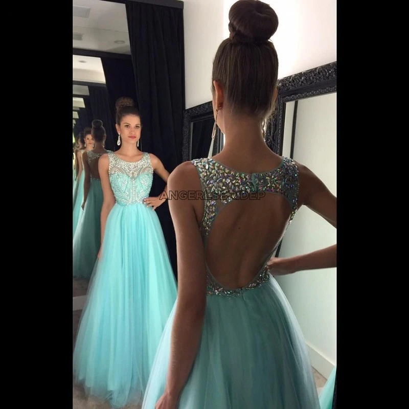 

Mint Long Evening Party Gowns Vestidos De Festa Sexy Backless Beading Tulle Women Formal Birthday Homecoming Prom Dress Robes