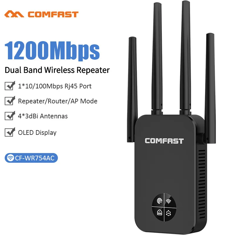 

Comfast WR761AC Wifi Repeater 2.4G/ 5G Dual Band Extender 1200M OLED Display Long Range Wireless Signal Wi-Fi Amplifier Home