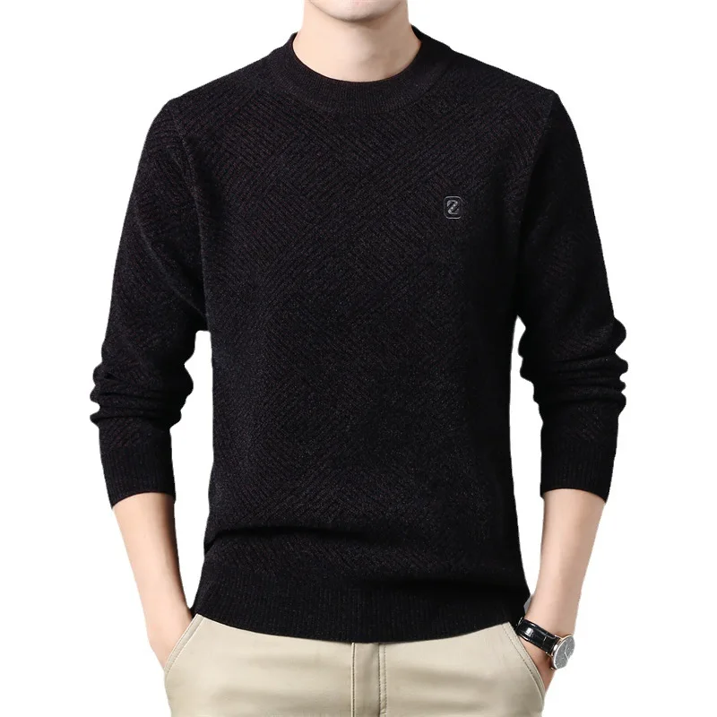 Autumn and Winter Solid Color round Neck Medium Thick Sweater Korean Style Rhombus Jacquard Casual Sweater Warm Shirt Men