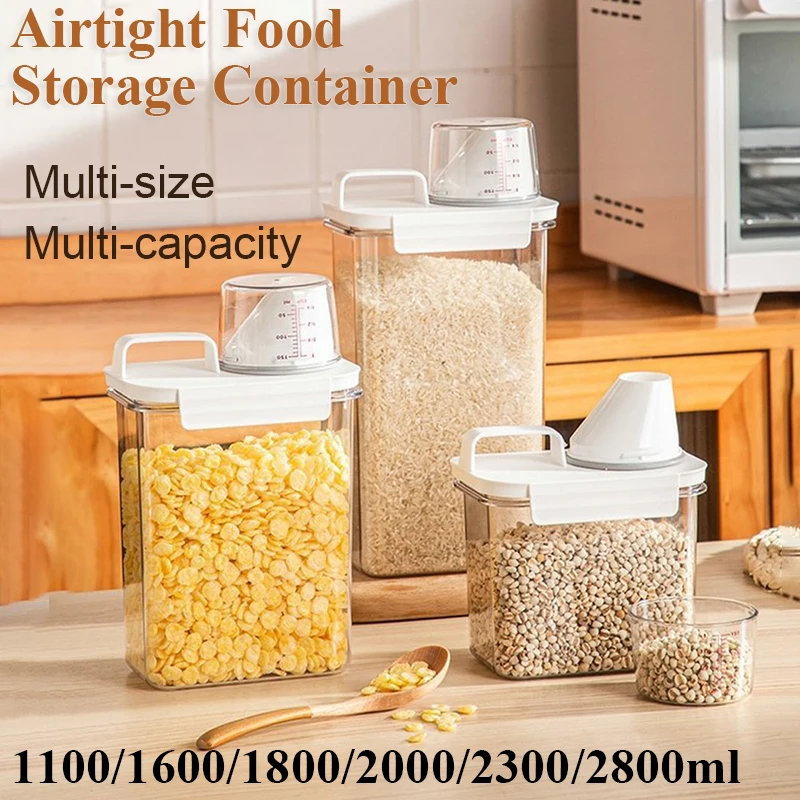 Airtight Food Storage Container Cereal Dispenser Transparent Kitchen Cereal Jar With Measuring Cup Household Organizer Box Set