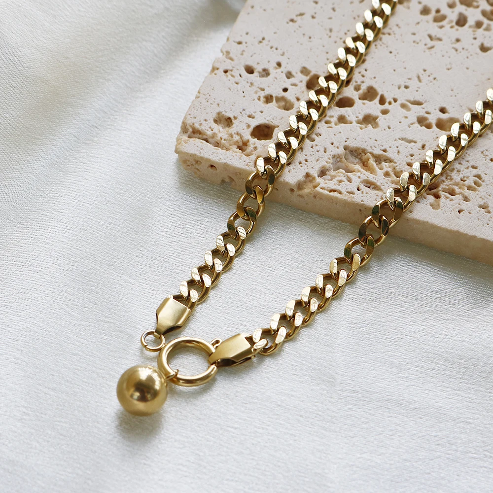 

Stainless Steel Necklace For Women 6mm Flat Cuban Chain Jewelry Accessories Punk Chunky Miami Small Ball Pendant Necklace