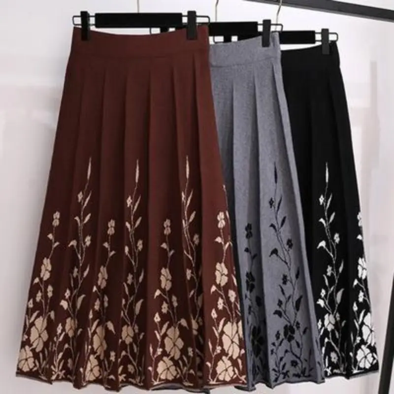 

Knitted High-waisted New Skirts with Rivet Pleated Women Tassel Pleated Print Skirt Warm Autumn Women's Casual Skirt T394