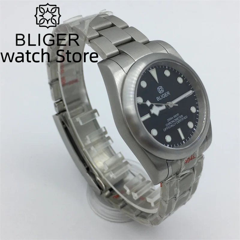 Bliger36mm 39mm black luminous dial brushed round bezel automatic men\'s watch NH35PT5000 Movement Sapphire Glass Oyster bracelet