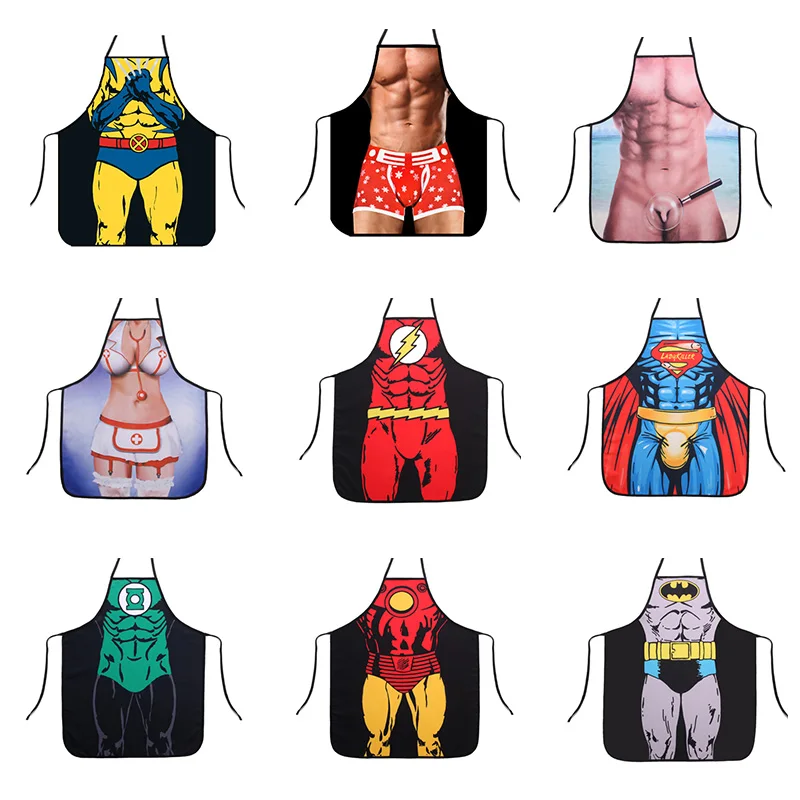 Home Women Sexy Kitchen Apron Funny Novelty Super Hero Man Aprons Dinner Party Cooking Apron Cuisine Pinafore for Adult Delantal
