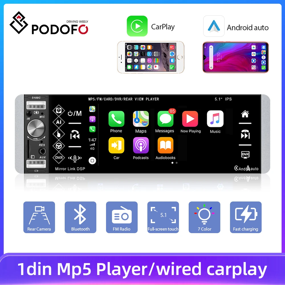 pioneer car audio Podofo 1din MP5 Player Touch Car Radio RDS AM FM 4-USB 5.1 Inches Support Android Mirrorlink Bluetooth Carplay Autoradio DVR car audio installation near me