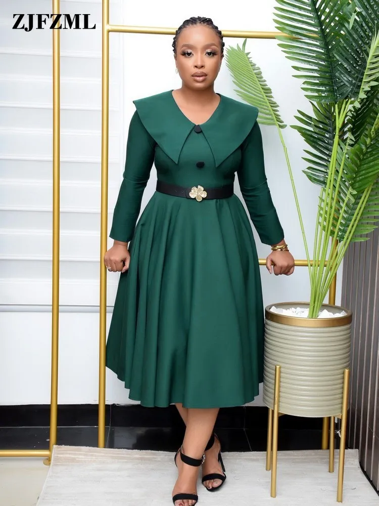 

Solid Color V Neck Aline Dress for Women Elegant Long Sleeve High Waisted Pleat Midi Dresses Formal Green Swing Business Dress