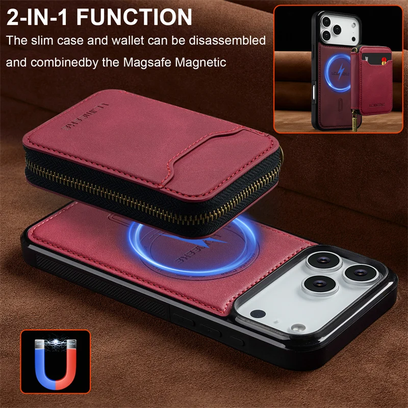 Magnetic Dual-Function Leather Wallet Phone Case with Zipper Card Holder