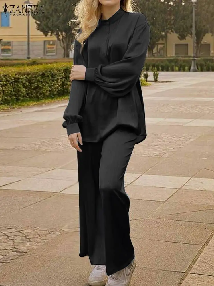 

ZANZEA Casual Long Sleeve Tops Sets Vintage 2 Piece Outfits 2023 Autumn Women Solid Pants Sets Holiday Wide Leg Trousers Suits