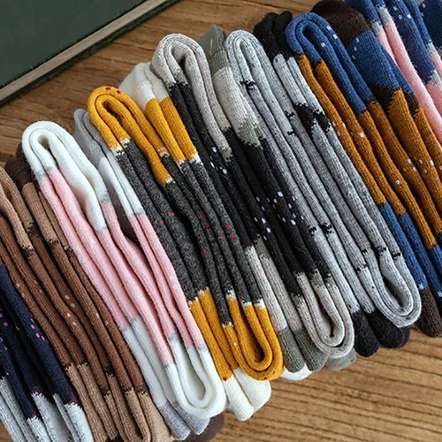 여성용 무릎 높이 양말 스타킹, 따뜻한 일본 스타일 양말, 마름모 패턴, 가을 겨울 코튼, 대학 스타일, 1 쌍 5