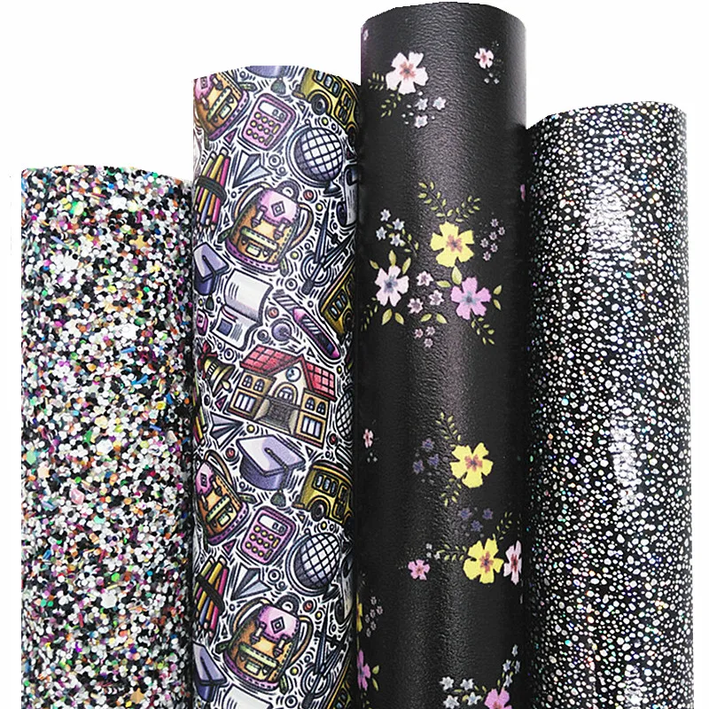 School Bags Books Custom Synthetic Leather Sheets Smooth Glitter Leather Flowers Printed Faux Leather For Bows DIY 21x29CM Q1240