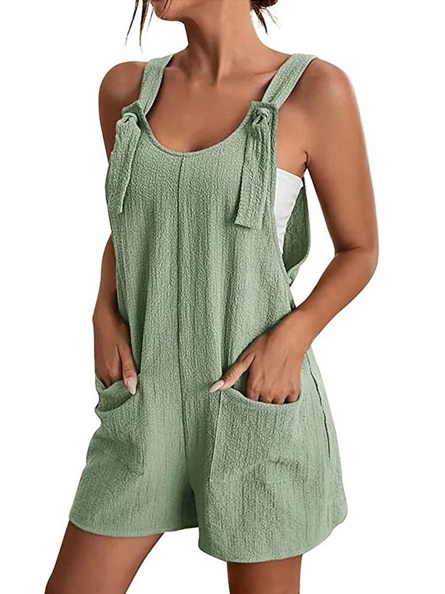 

2024 Summer Women's Jumpsuit Overalls Short Loose Sleeveless Wide Leg Overall Solid Casual Daily Basic Romper with Pockets