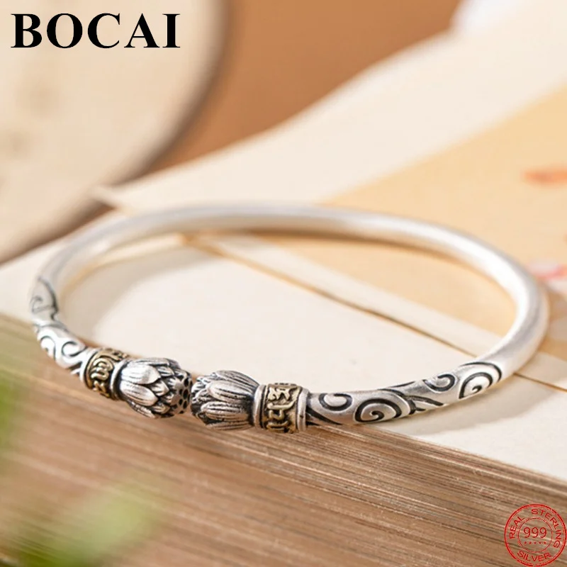 

BOCAI S999 Sterling Silver Bracelets 2022 Popular Six Syllable Mantra Lotus Bangle Pure Argentum Hand Ornament Jewelry for Women