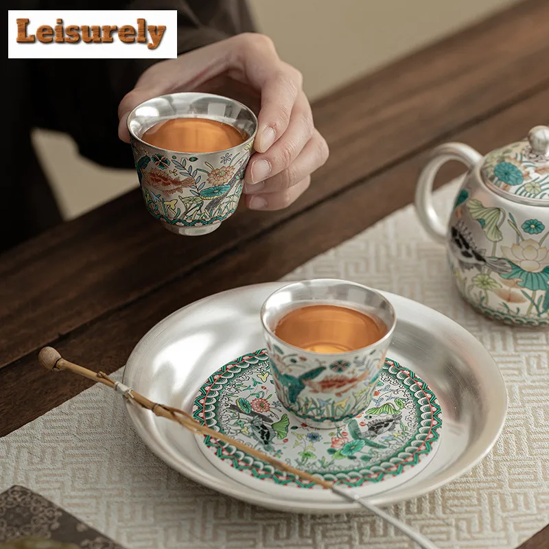 Gilded Silver Fish Algae Pattern Tea Set Complete Set Luxury Tea Ceremony Set Household Teapot and Tea Cup Set Teaset Ornaments