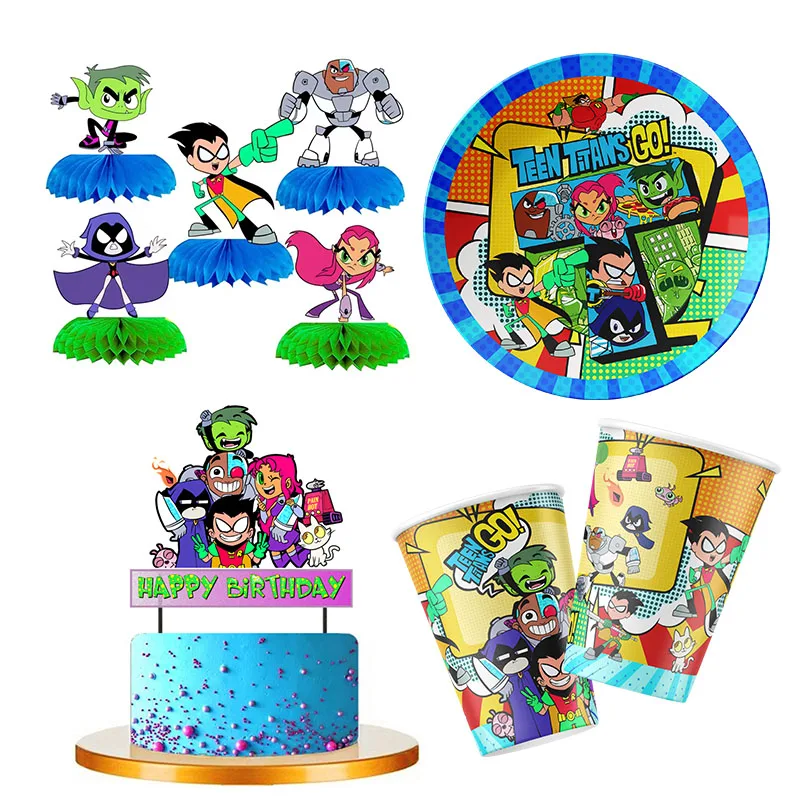 Teen Titans GO Baby Shower Happy Birthday Paper Cup Straw Party Decoration Cupcaketopper Plate Spiral Banner Flag Children