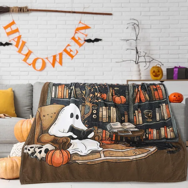 1PC Halloween Throw Blanket Cute Ghost reading Pumpkin Skull Thin Blanket Gifts for Couch Bed Car Home Camping all season use 2