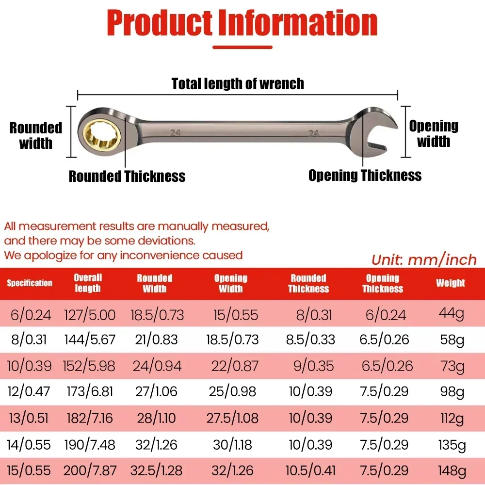 Wrench Flexible Multifunctional Gold Ratchet Wrench Torque Universal Wrench for Car Repair Tools Metric Hand Tools 6-15mm 6