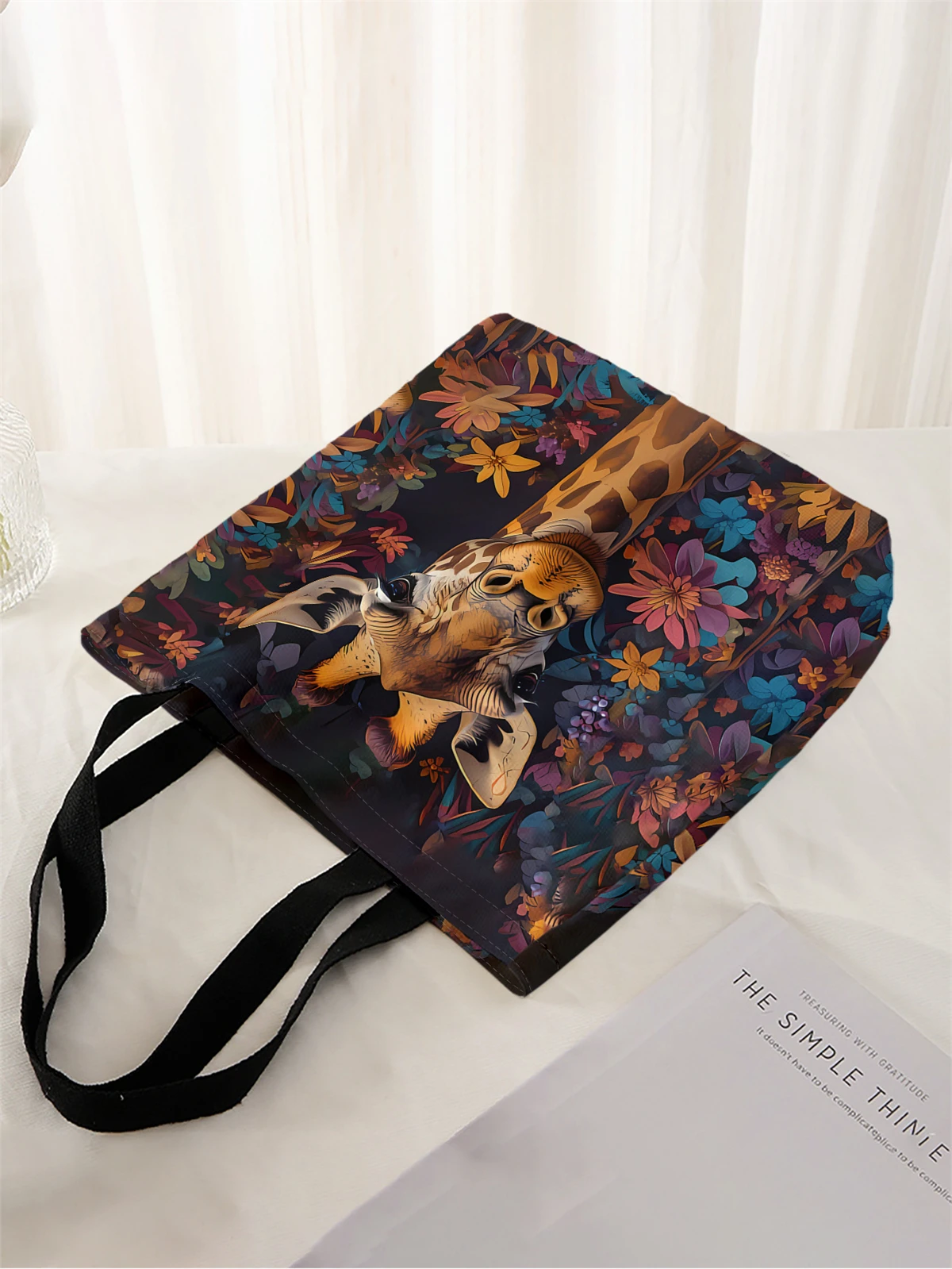 1pc,flower giraffe handbag, reusable fashionable handbag, multifunctional handbag, printed canvas shopping bag