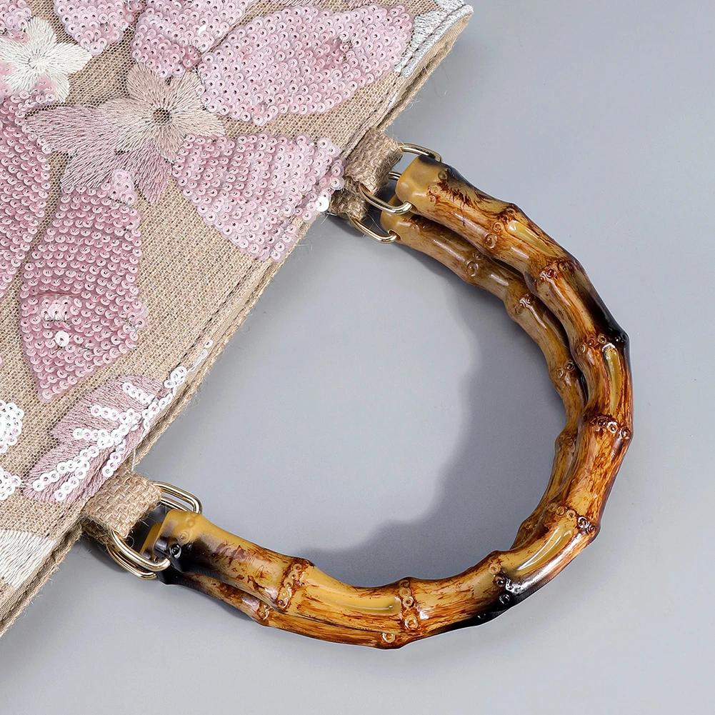 Floral Embroidery Sequin Tote Bag Bamboo Handle Bohemian Handbag Vintage Shopper Purse for Women Work Shopping Travel