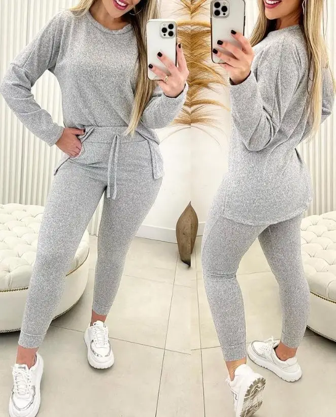 

Casual Round Neck 2023 New Best-Selling Fashion Women's Long Sleeved Top and Drawstring Pants Set
