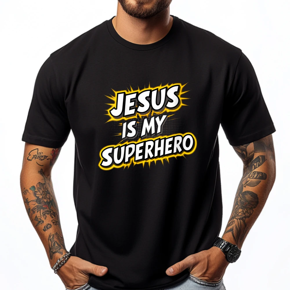 Round Neck Womens Jesus Is My Superhero 100% Cotton Fabric Women's T-shirts Birthday Short Sleeve Tees Discount Slogan Tees Womens Jesus Is My Superhero Christian God Religious Comic Boy _C16584