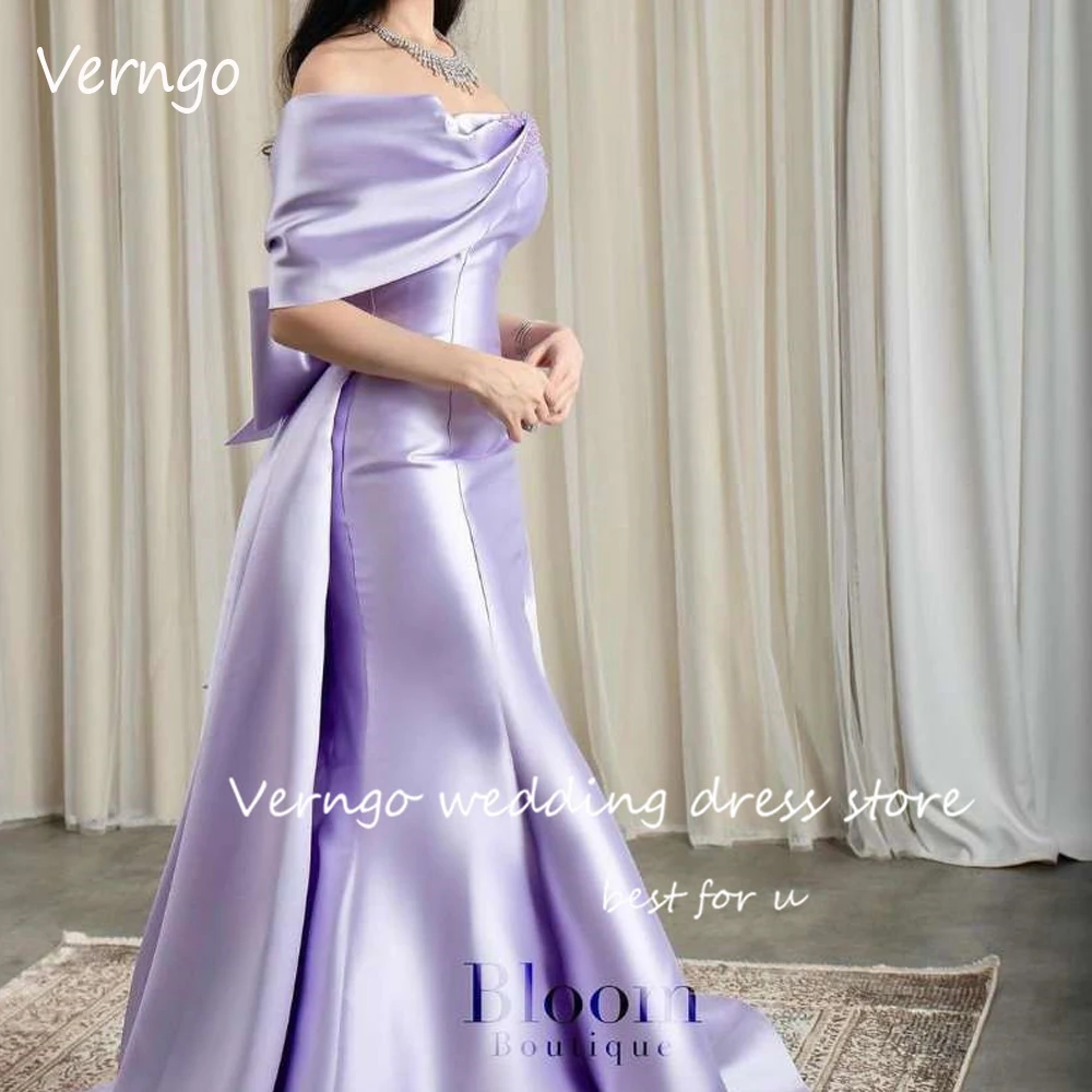 

Verngo Lavender Satin Elegant Evening Dresses Off the Shoulder 2023 Bow Back Saudi Arabic Prom Dress Formal Occasion Party