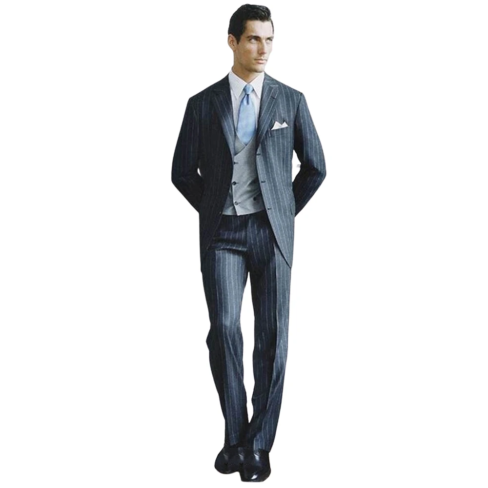 Men's Stripe 3Pcs Single Breasted Button Notch Lapel Tuxedos Suit