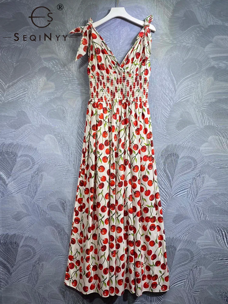 

SEQINYY Elegant White Dress Vest Summer Spring New Fashion Design 100% Cotton High Quality Red Cherry Print Vintage Sicily
