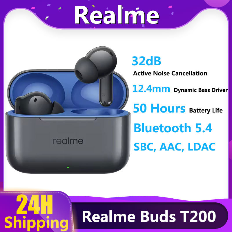 Original Realme Buds T200 32dB Active Noise Cancellation TWS Earphone True Wireless Earbuds Bluetooth 5.4 50 Hour Battery