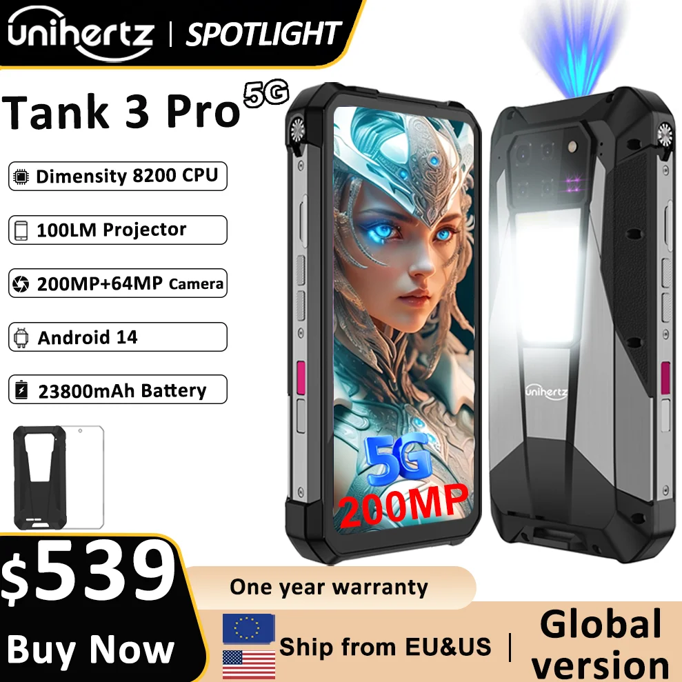 Unihertz Tank 3 Pro 8849, 100루멘 120Hz 프로젝터, 32GB/36G..