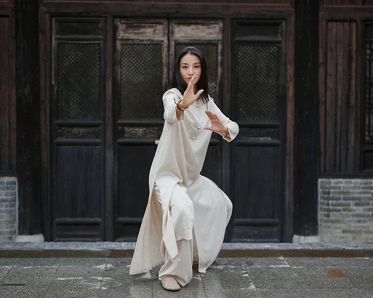Women Chinese Traditional Tang Suit Cotton Linen Robe Pants 2pcs Set Wide Leg Trouser Long Kung Fu Tai Chi Uniform Set