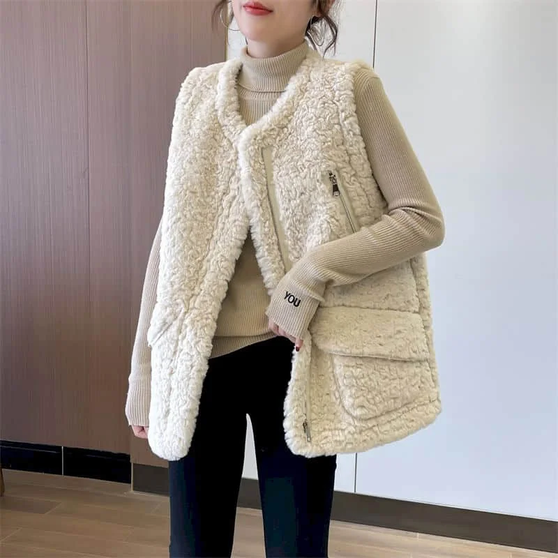 Casual Pocket Patchwork Fluffy O Neck Waistcoats