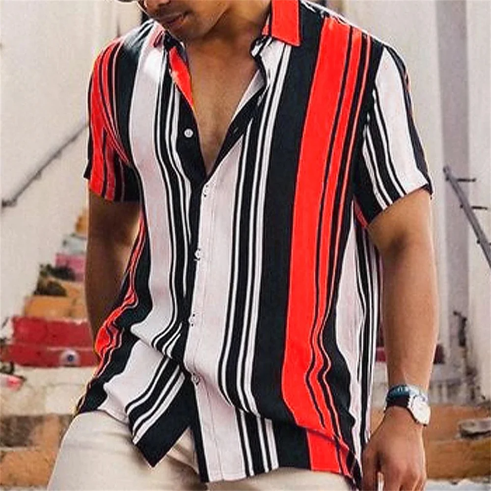 Men's short sleeved lapel striped printed button up shirt for summer leisure vacation, comfortable and soft Hawaiian shirt 3