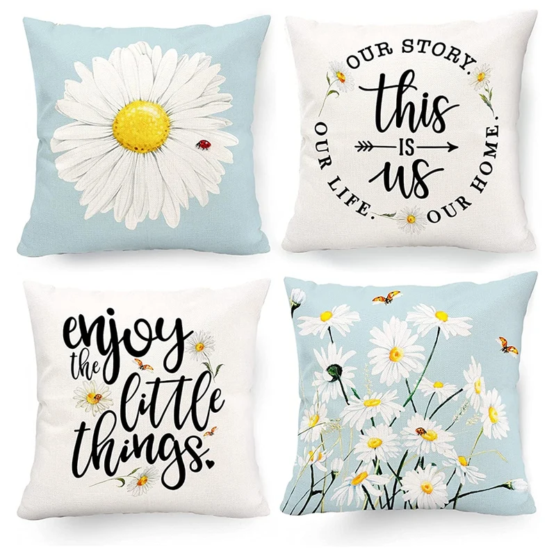 

HOT-Decorative Pillow Covers 18 X 18 Daisy Decor Outdoor Summer Couch Throw Pillow Cover Case Set Of 4 For Sofa Home Decor