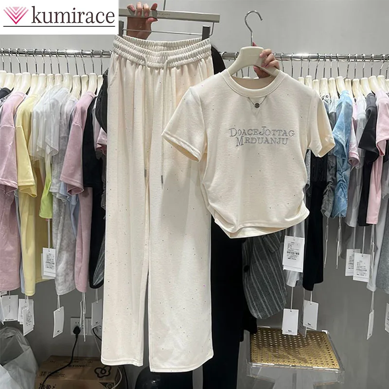 Fashion Set Women's Heavy Industry Hot Diamond Letter Slimming Hot Girl Short Sleeve T-shirt Women+Wide Leg Pants Two Piece Set