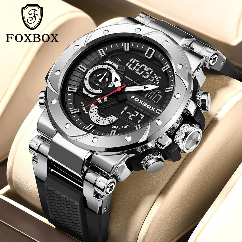 FOXBOX NEW Watches For Men Fashion Silicone Strap Waterproof Wristwatch Military Dual Display Luminous Alarm Clock Reloj Hombre sanda trendy men multifunctional dual display watch hd led digital 50m waterproof military watches alarm clock timing reloj 9010