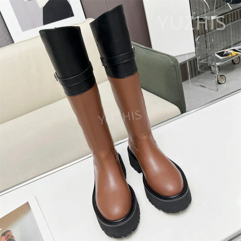 

Женские черные высокие сапоги до колена, на квадратном каблуке, с круглым носком, модные элегантные сапоги Челси из натуральной кожи, с ремешком с пряжкой