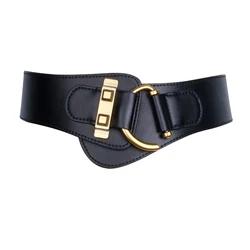 Gold Buckle Adjustable Leather Waist Belt for Women - Elegant and Soft Fashion Accessory (Black)