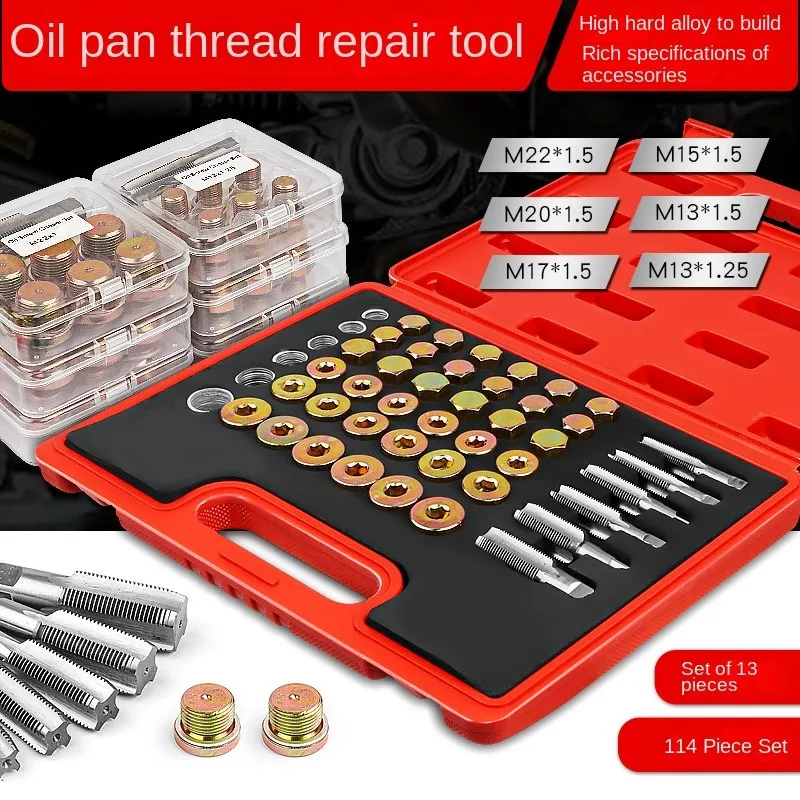 Automotive oil pan drain screw thread repair tool, sealing anti slip tooth gasket, engine oil pan screw