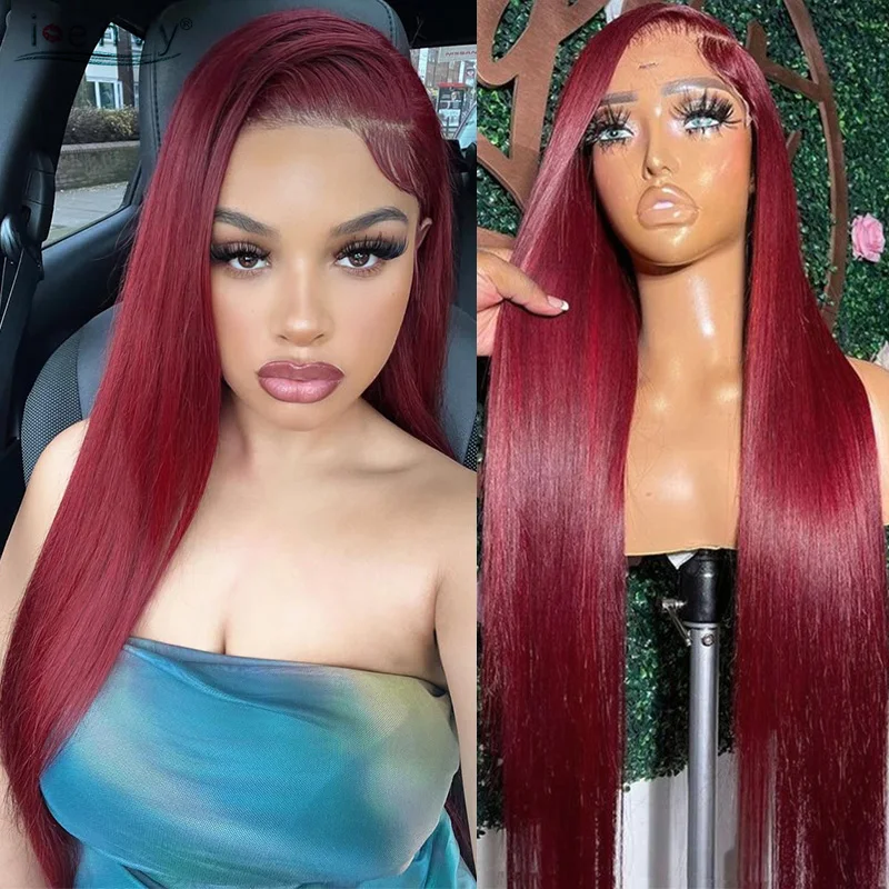 버건디 13X6 HD 레이스 프론탈 인모 가발 스트레이트 가발 13X4 레이스 프..