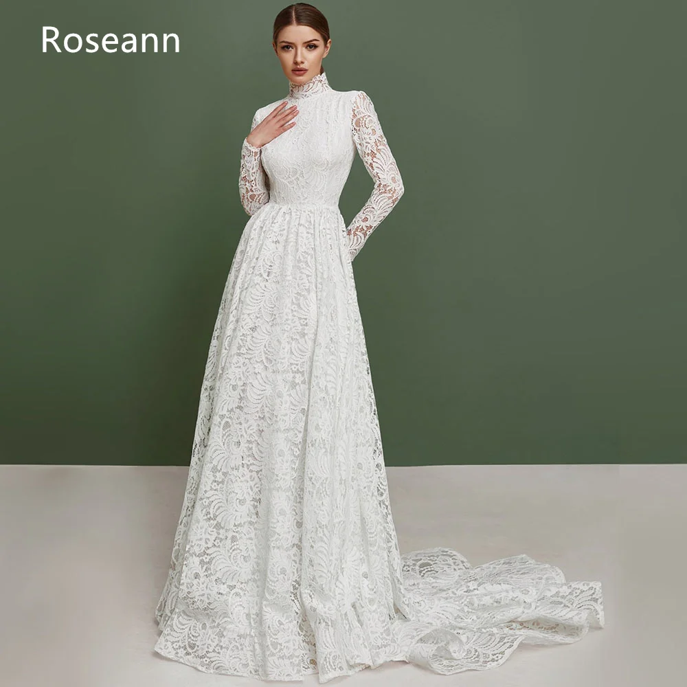 

Muslim Ivory A-line Wedding Dresses High Collar 2023 New Design Lace Applique Full Bride Dresses Floor Length robe de mariée