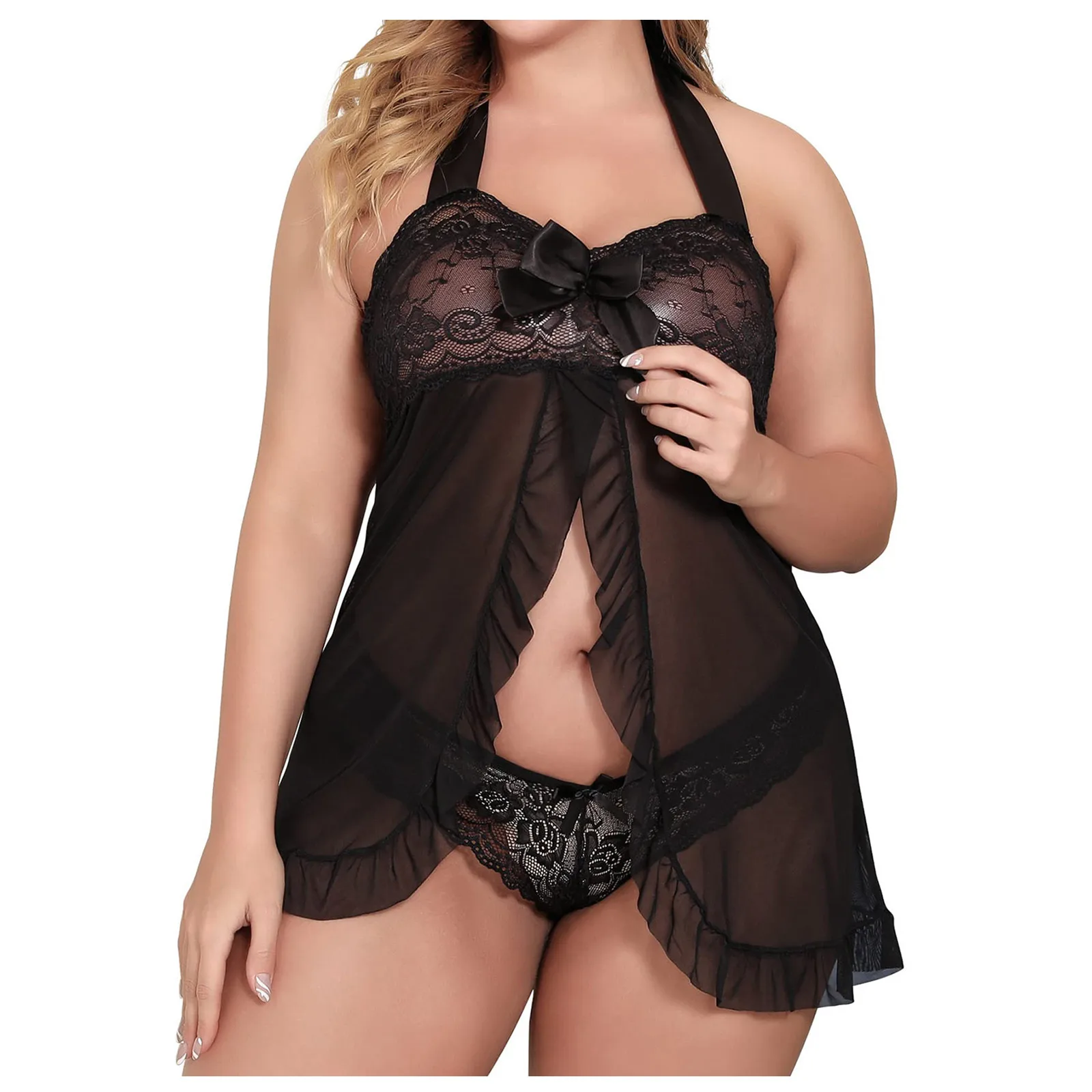 

Sexy Women's Lace Split Neck Bow Ribbon Large Pajama Underwear lenceria sexys para mujer fina эротическое белье סקסי נשים