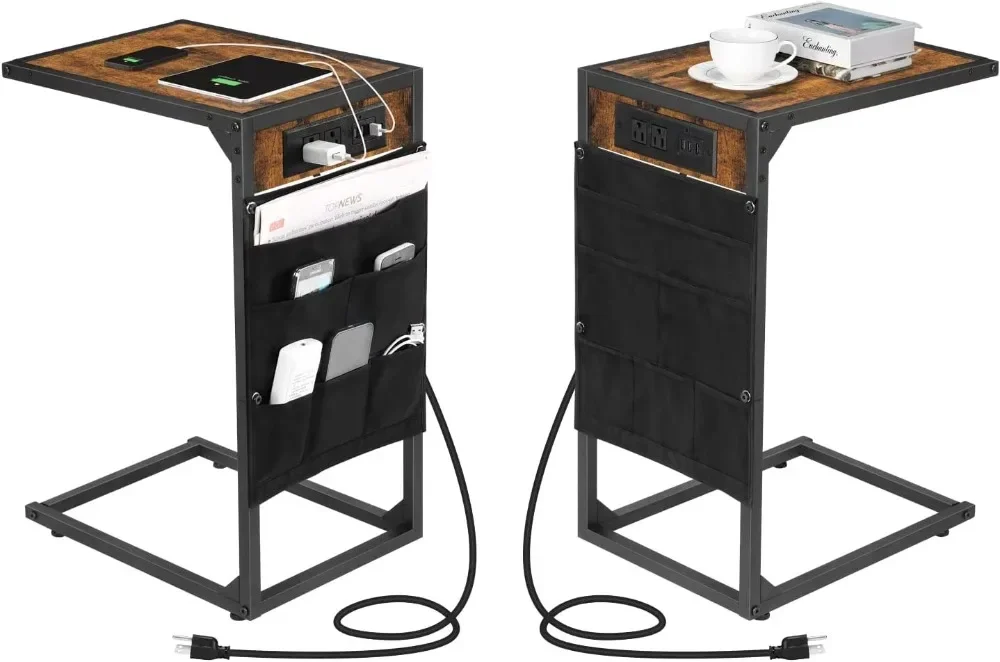 

C-Shaped 23.6" End Table with Charging Station, Set of 2 Side Table, Rustic Brown