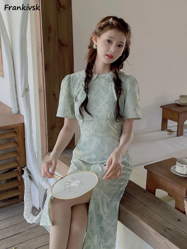 

Женские летние винтажные платья в китайском стиле с Боковым Разрезом, Повседневная модная универсальная простая эстетичная Милая уютная одежда с круглым воротником, новинка