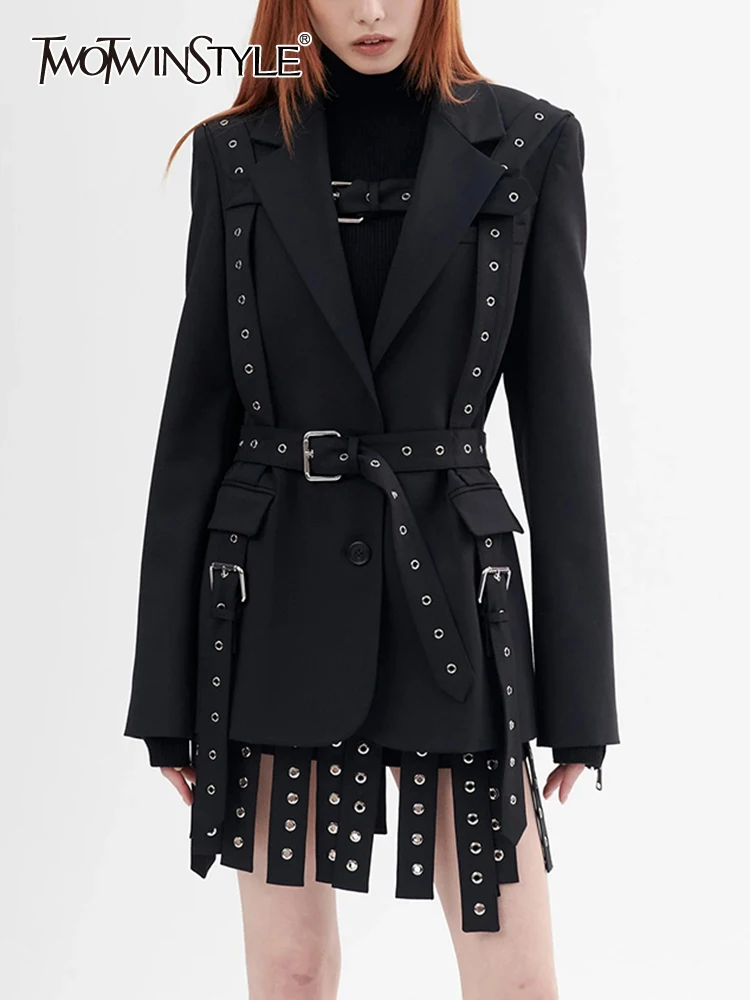 TWOTWINSTYLE Hollow Out Irregular Blazer For Women Notched Collar Long Sleeve Patchwork Lace Up Temperament Blazers Female New