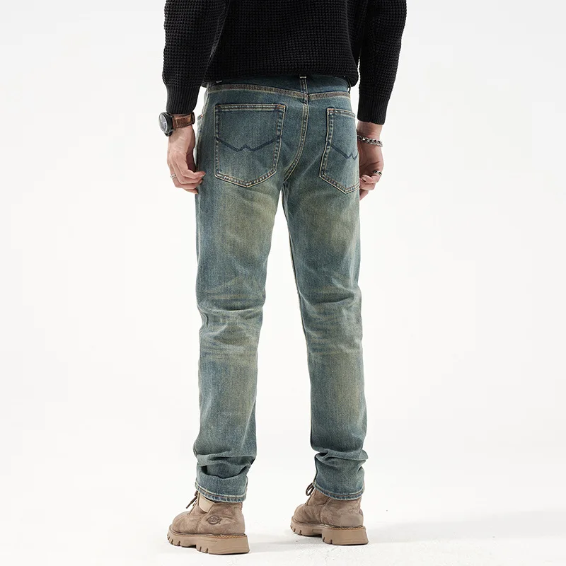 High quality long straight jeans for men big size stone wash cotton denim stretch fabric vintage trousers 2024 clothing - blue