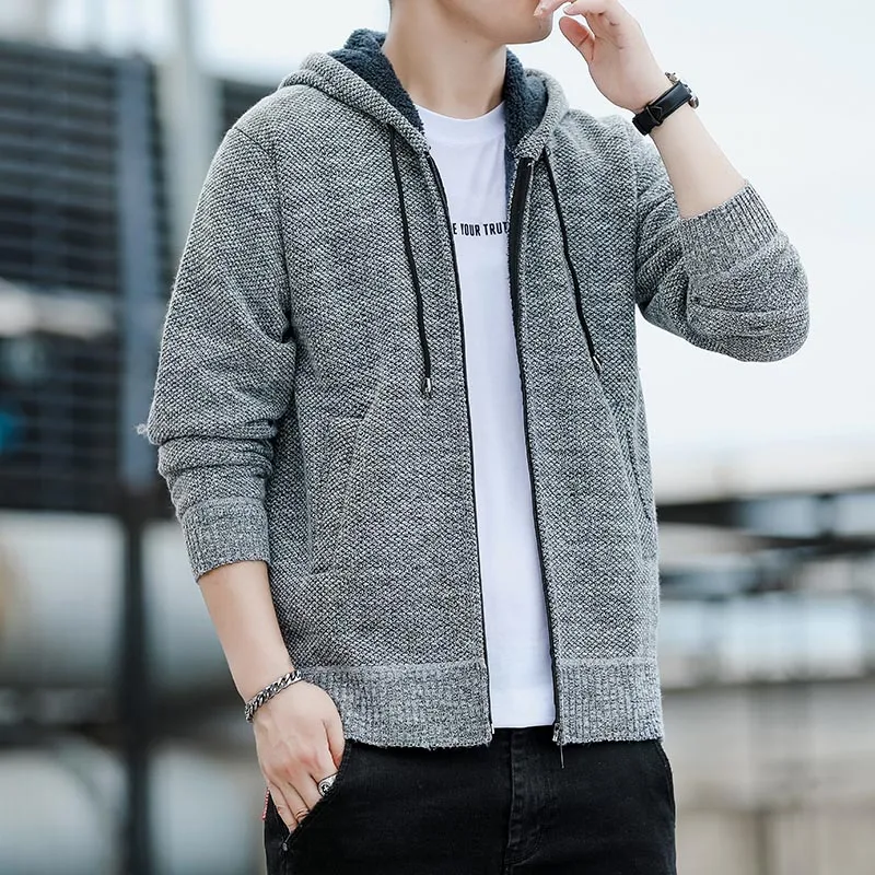 Hooded Men's Knitted Spring and Autumn Style Plush Men's 2023 Korean Version Trend Loose Zipper Pocket Versatile Sweater Jacket